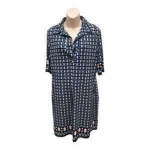 Max Studio Navy and White Patterned Dress Sz L Casual Lightweight V-neck Collar